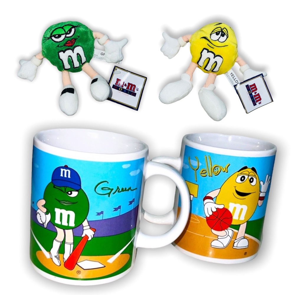 green & yellow m&m’s mugs & beanie bag toys